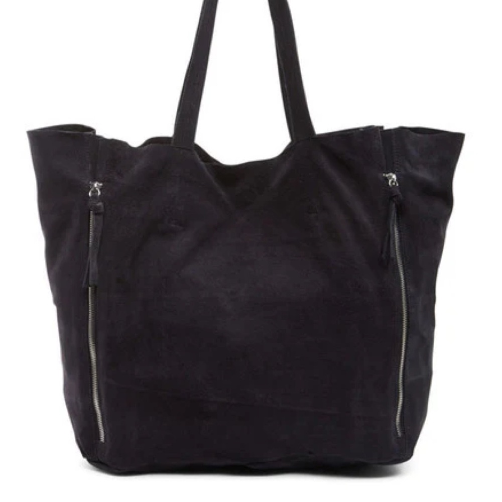 Anthropologie RAJ Black Suede Tote and Pouch Bag Zipper Side Detail